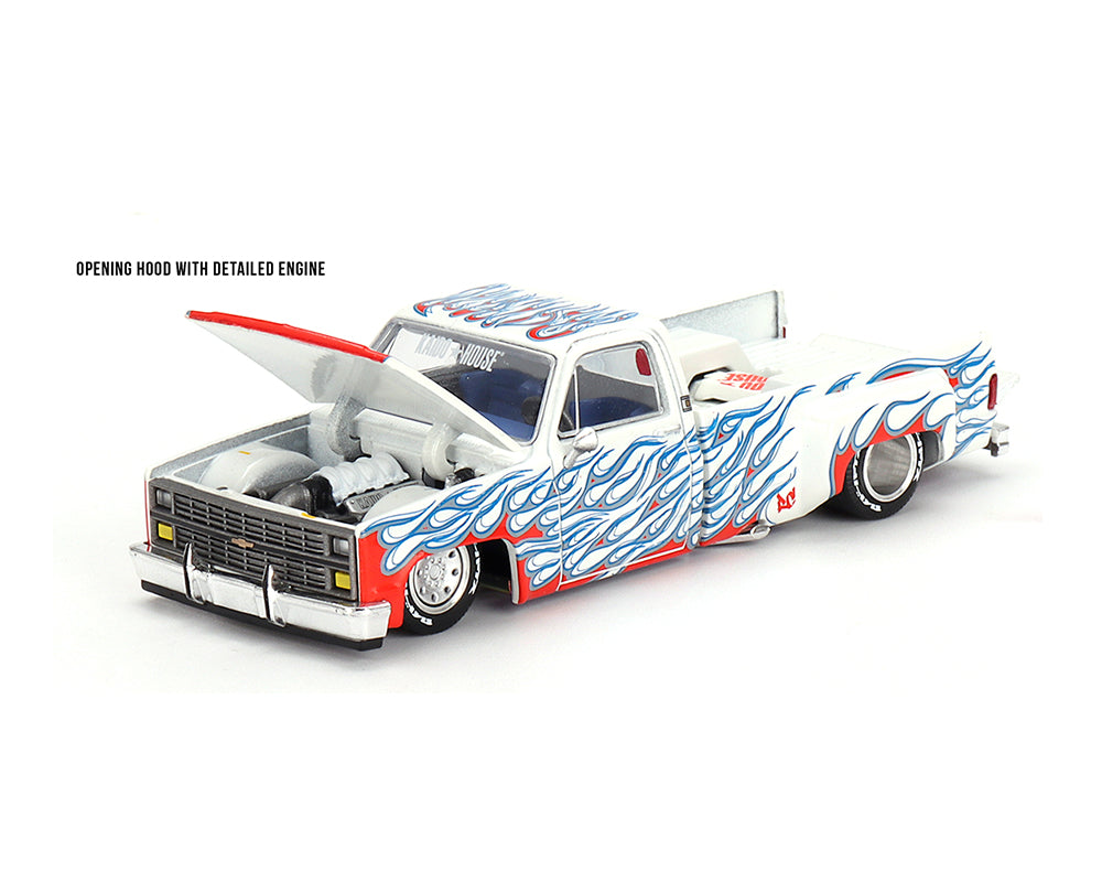 (Preorder) Kaido House x Mini GT 1:64 Chevrolet Silverado Dually on Fire V2 – White Flames