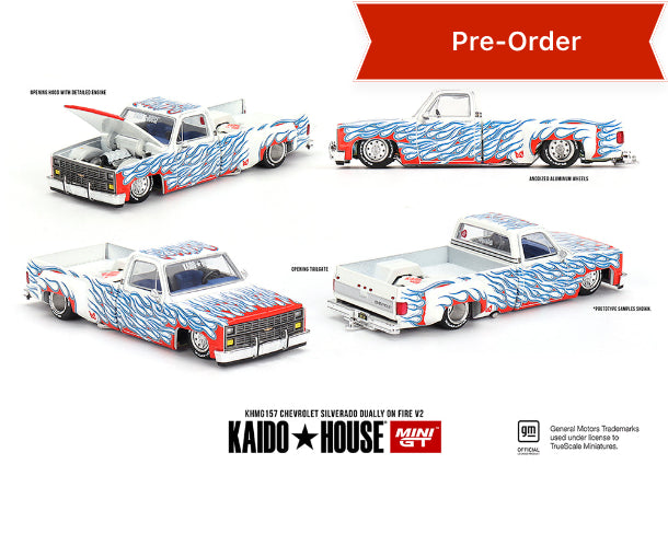 (Preorder) Kaido House x Mini GT 1:64 Chevrolet Silverado Dually on Fire V2 – White Flames