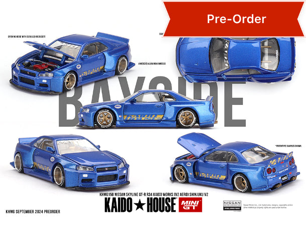 (Preorder) Kaido House x Mini GT 1:64 Nissan Skyline GT-R (R34) Kaido Works (V2 Aero) SHINJUKU V2- Blue