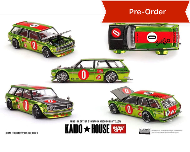 (Preorder) Kaido House x Mini GT 1:64 Datsun KAIDO 510 Wagon OG Flo – Chrome Yellow