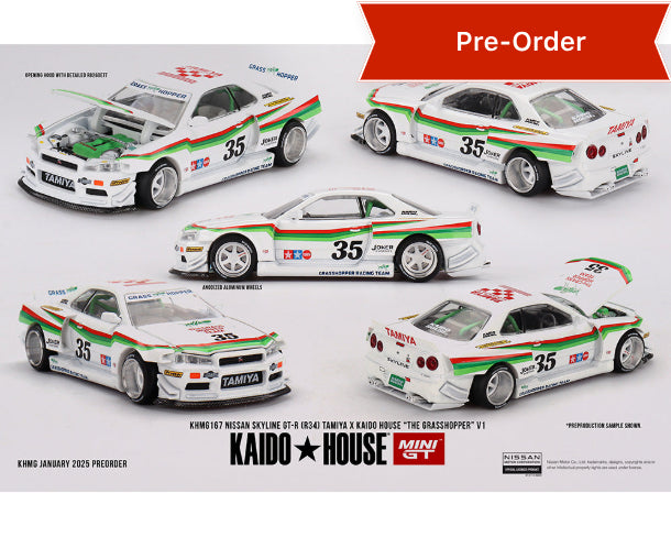 (Preorder) Kaido House x Mini GT 1:64 Nissan Skyline GT-R (R34) Tamiya X Kaido House “The Grasshopper” V1 – White